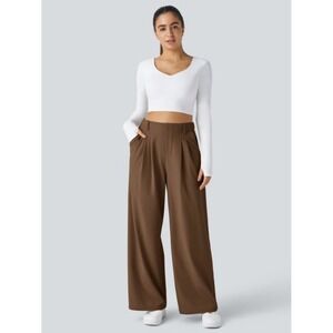 Halara Flex High Waisted Pocket Wide Leg Waffle Work Pants Brown XL NWOT